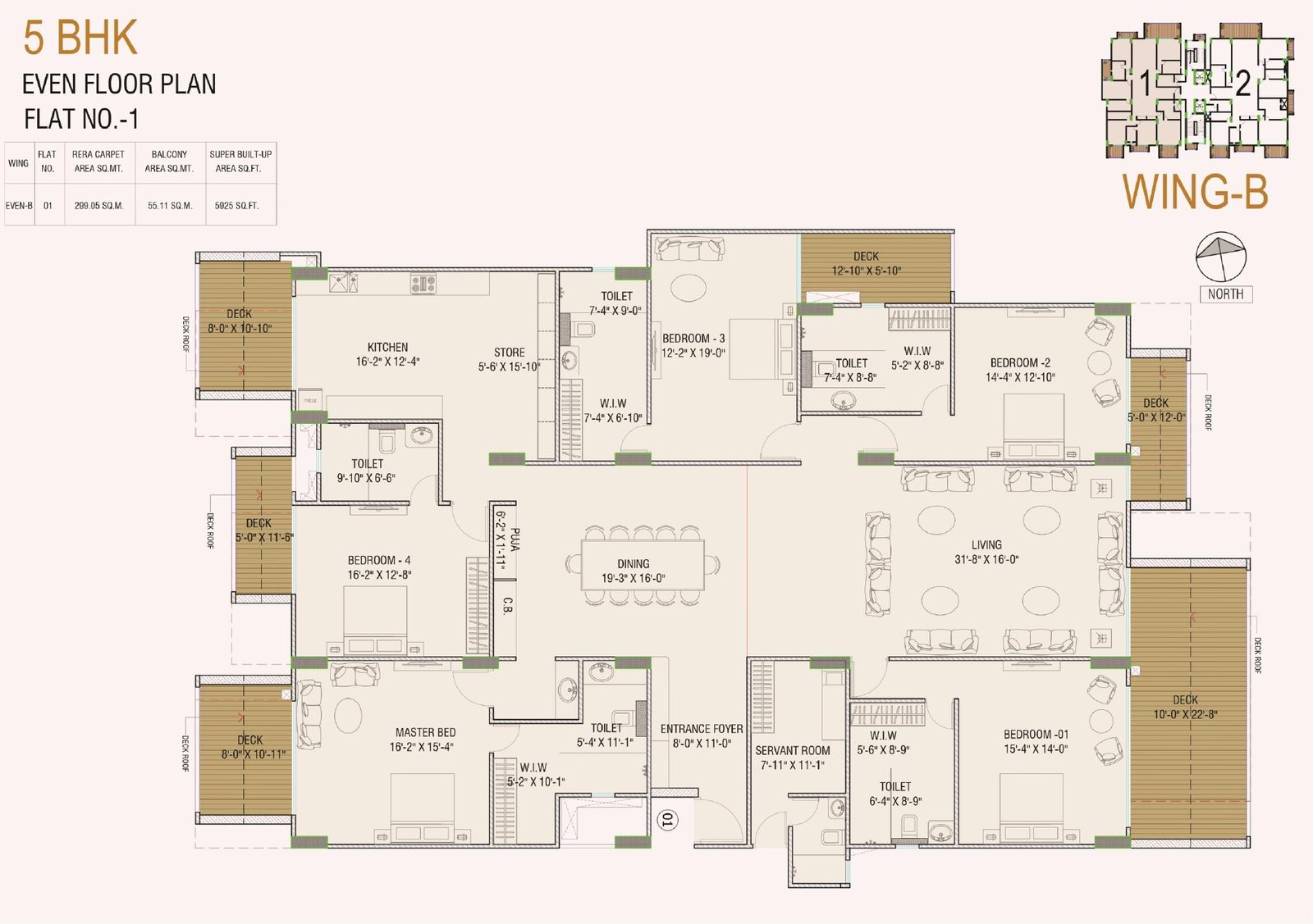5 BHK · Flat 1 · even floor